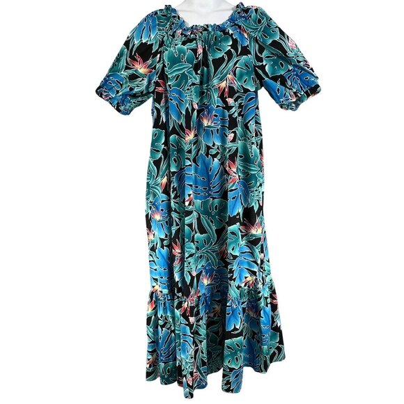 80s Hilo Hattie Womens 3X Hawaiian Maxi Dress Tropical Ruffle Hem Luau Vacation - Picture 1 of 16
